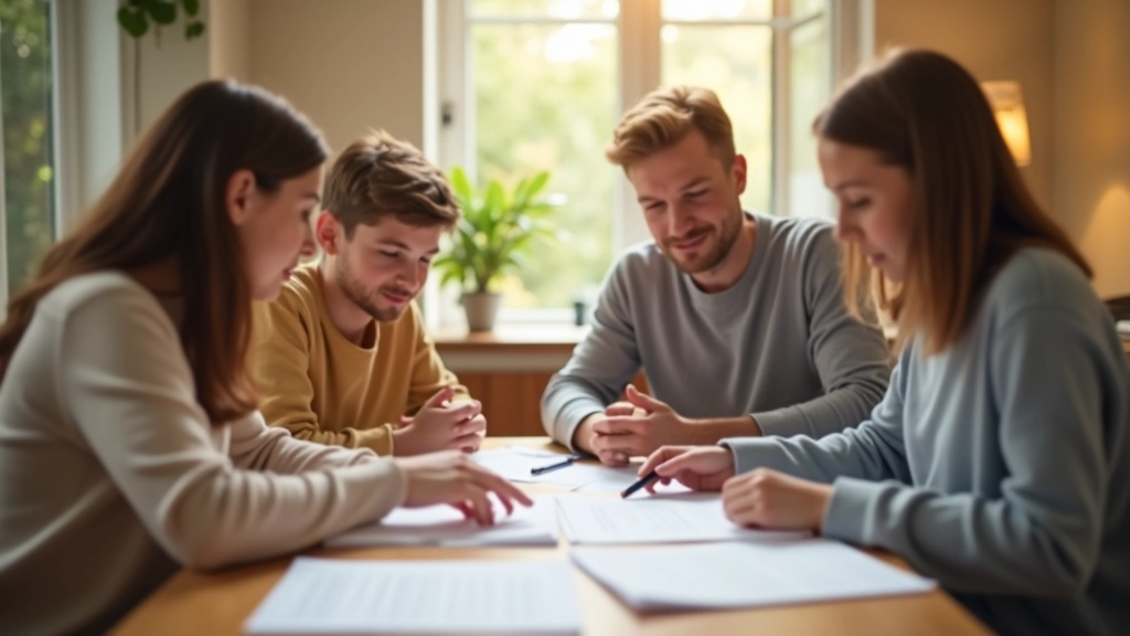 Familienmitglieder bei der gemeinsamen Budgetplanung am Küchentisch mit Unterlagen