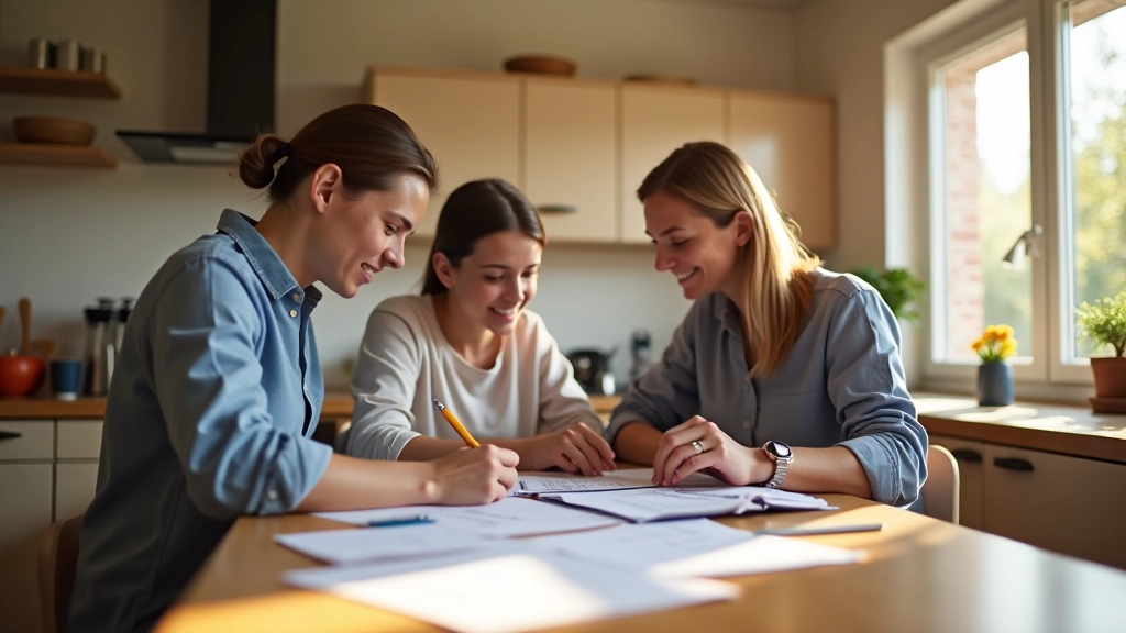 Familie bei der gemeinsamen Budgetplanung am Küchentisch mit Dokumenten und Kaffee