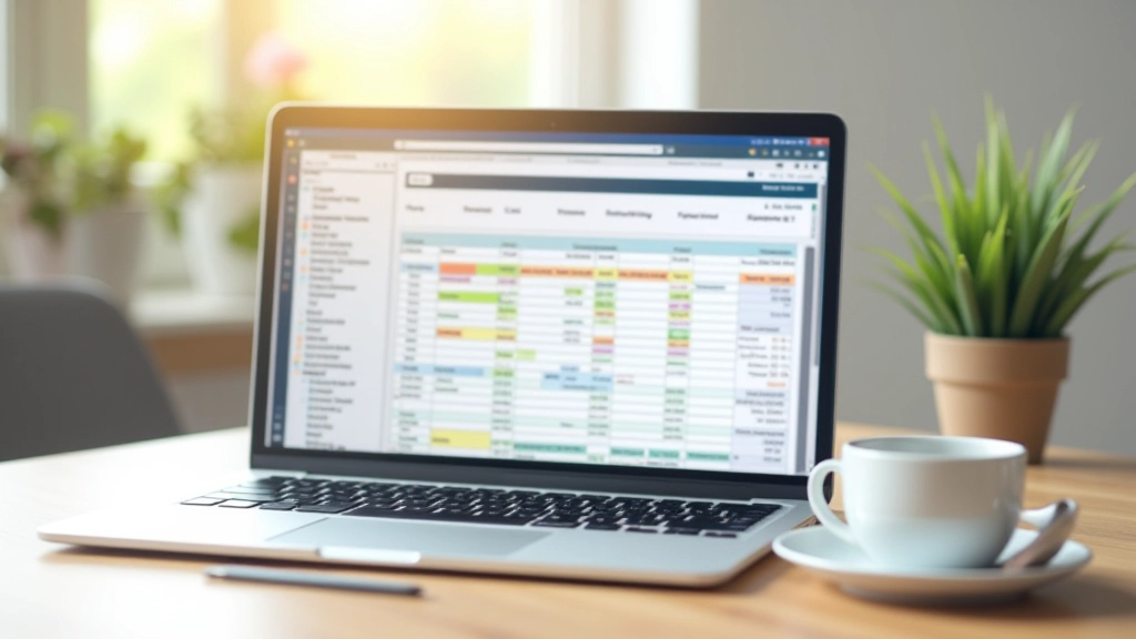Laptop-Bildschirm mit einer digitalen Budgettabelle, farblich sortierte Kategorien und Diagramme