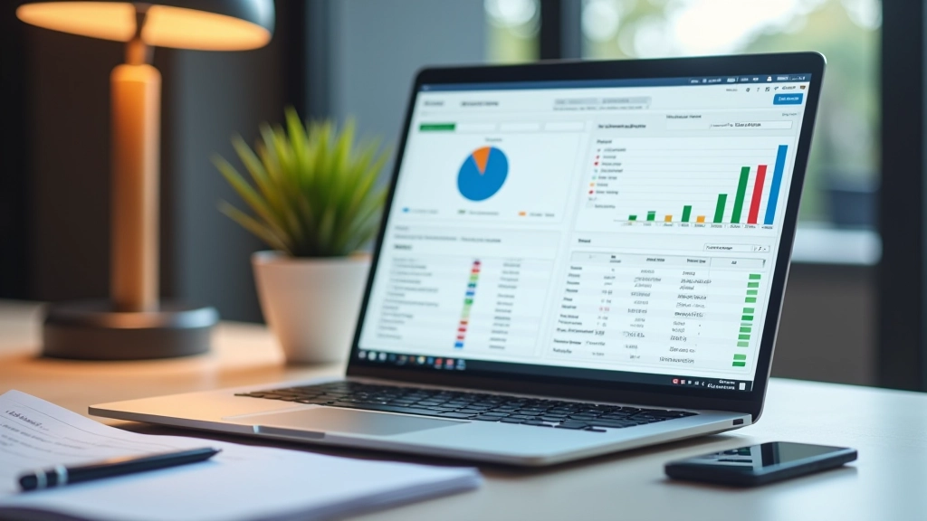 Laptop-Bildschirm zeigt Tabellenkalkulation mit Budgetübersicht und Diagrammen