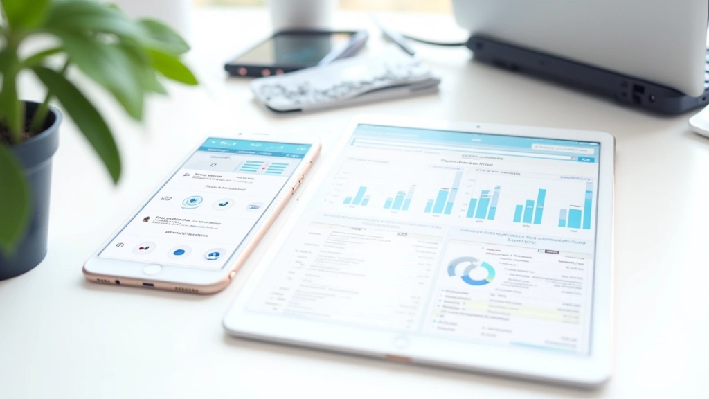 Verschiedene Geräte zeigen Budgeting-Anwendungen mit Diagrammen und Übersichtstabellen auf Smartphones, Tablets und Desktop