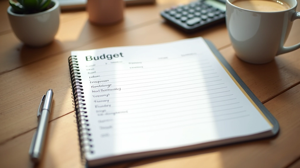 Notizbuch mit handgeschriebenen Ausgabenlisten auf Holztisch neben Kaffeetasse