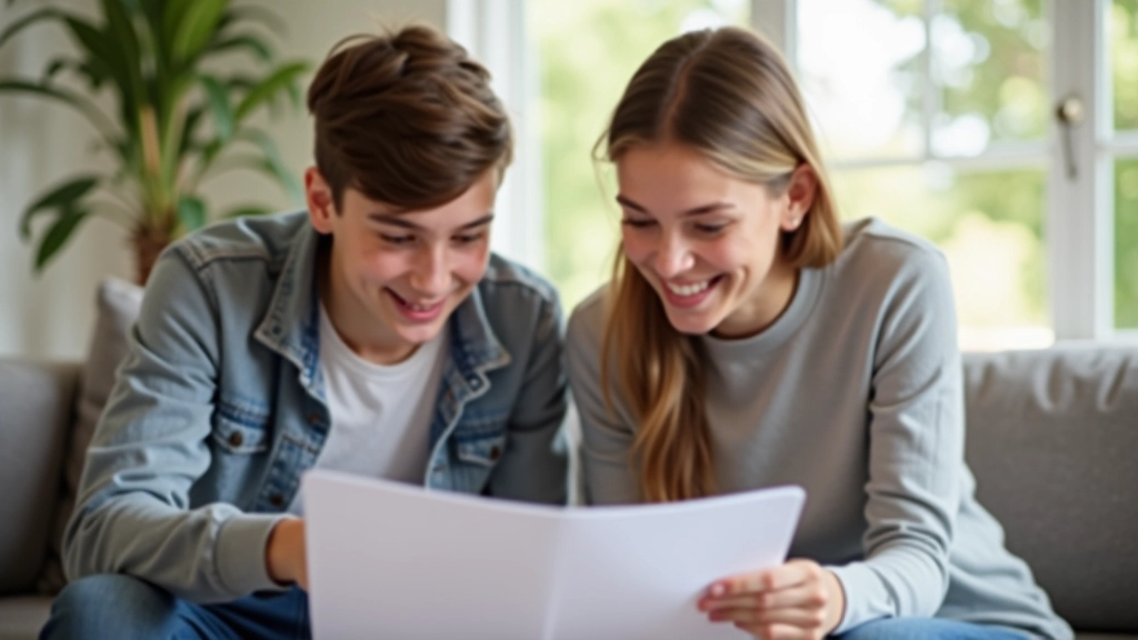 Teenager und Elternteil sitzen zusammen und besprechen ein Sparbuch oder Finanzplan, freundliche Atmosphäre