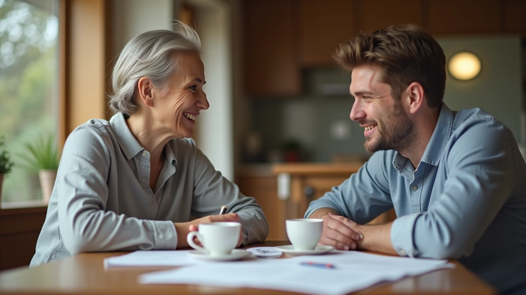 Zwei Erwachsene in entspannter Atmosphäre bei einem Gespräch am Esstisch mit Kaffee