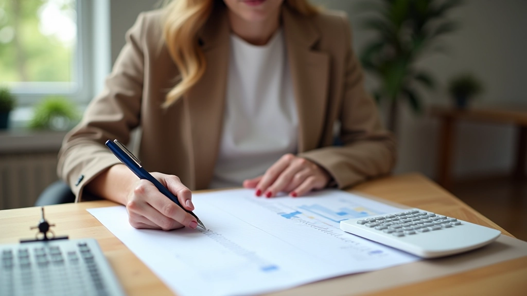 Frau sitzt am Schreibtisch und studiert Budgetvorlage auf Papier mit Notizen und Stift, konzentrierter Ausdruck